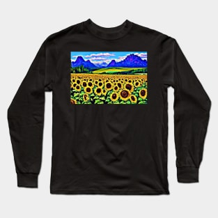 Field of Sunflowers Meadow Landscape with Mountains Long Sleeve T-Shirt